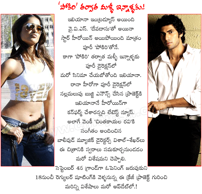 heroine ileana,director puri jagannath,hero rana,daggubati rana,leader hero rana latest film,rana and ileana combo confirmed,after pokiri ileana working with puri for rana film,producer nallamalu bujji,music directors vishal shekhar  heroine ileana, director puri jagannath, hero rana, daggubati rana, leader hero rana latest film, rana and ileana combo confirmed, after pokiri ileana working with puri for rana film, producer nallamalu bujji, music directors vishal shekhar